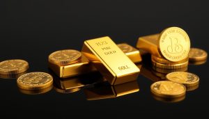 Pure gold bars and coins arranged on a reflective surface showing gold's distinctive yellow luster
